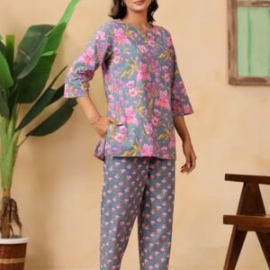 Women's Print Cotton Co-ord Set|Casual Straight Fit Round Neck Kurta and Pant Set